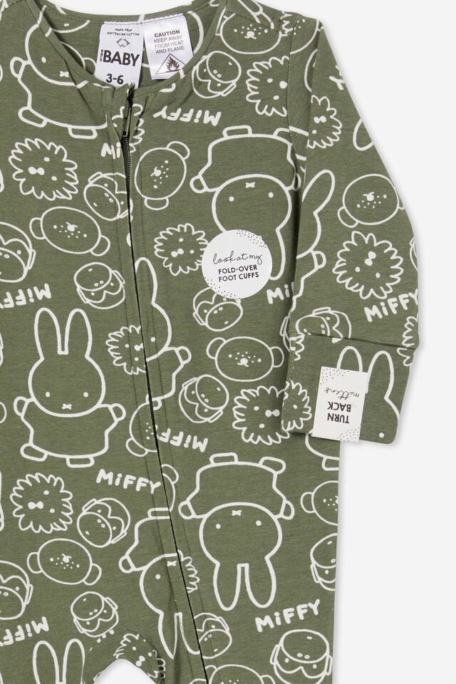 Miffy The Long Sleeve Zip Romper, LCN MIF SWAG GREEN/MIFFY FRIENDS STAMP
