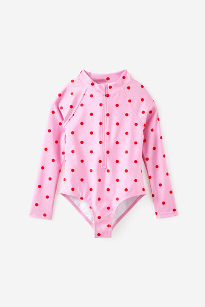 Long Sleeve One Piece Swimsuit, STRAWBERRY MILK/POP RED POLKADOT