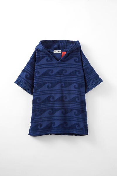 Kids Short Sleeve Hooded Towel, PETTY BLUE/JACQUARD WAVES