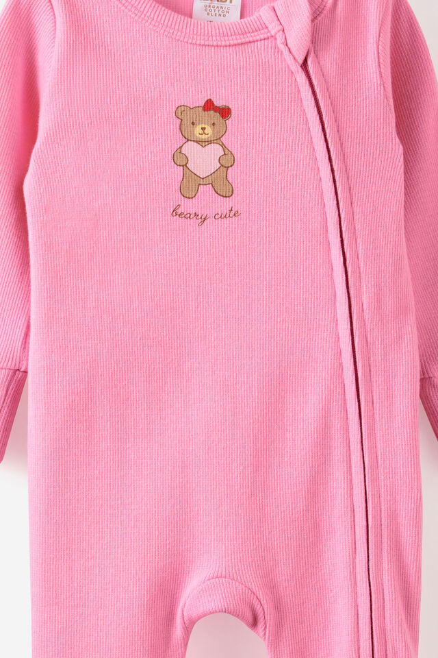 Growie Long Sleeve Zip All In One Romper, STRAWBERRY MILK/BEARY CUTE