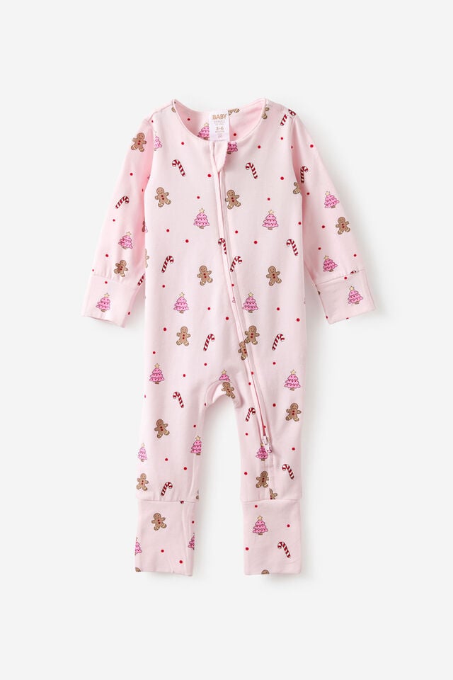Growie Long Sleeve Zip Romper, TEA PARTY PINK/CHRISTMAS GINGERBREAD