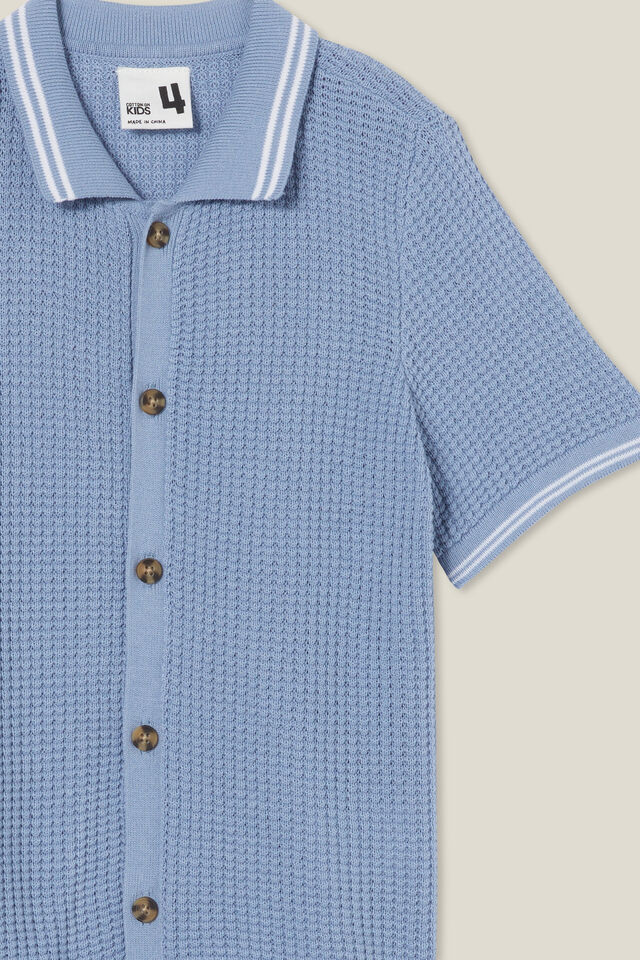 Knitted Short Sleeve Shirt, DUSTY BLUE/WAFFLE KNIT
