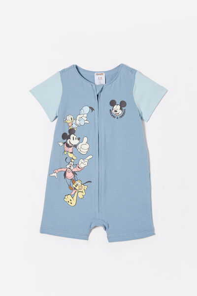 The Short Sleeve Zip Romper License, LCN DIS DUSTY BLUE/MICKEY AND FRIENDS STACK