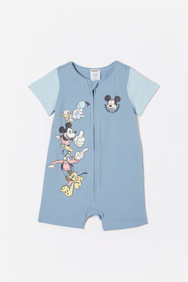 Mickey Mouse The Short Sleeve Zip Romper, LCN DIS DUSTY BLUE/MICKEY AND FRIENDS STACK