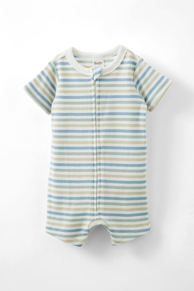 The Short Sleeve Zip Romper, VANILLA-DUSTY BLUE/SUMMER STRIPE