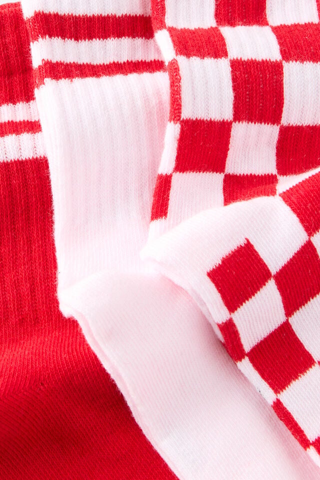 Kids 3Pk Crew Socks, BALLET PINK/VARSITY RED CHECKERS