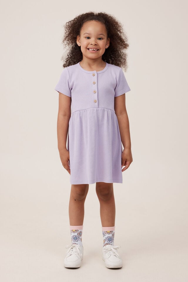 Sally Button Front Short Sleeve Dress, LILAC DROP WAFFLE