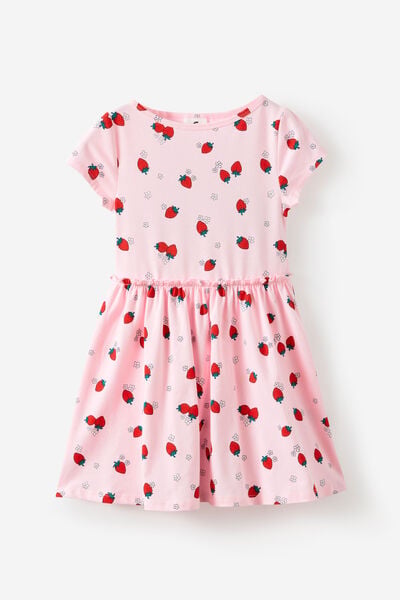 Boat Neck Frill Short Sleeve Dress, BALLET PINK/STRAWBERRY