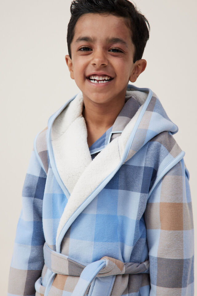 Boys Flannel Hooded Gown, FROSTY BLUE/WINTERS CHECK