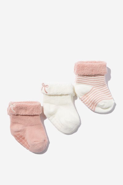 3Pk Terry Baby Socks, PINK PEARL/BOW