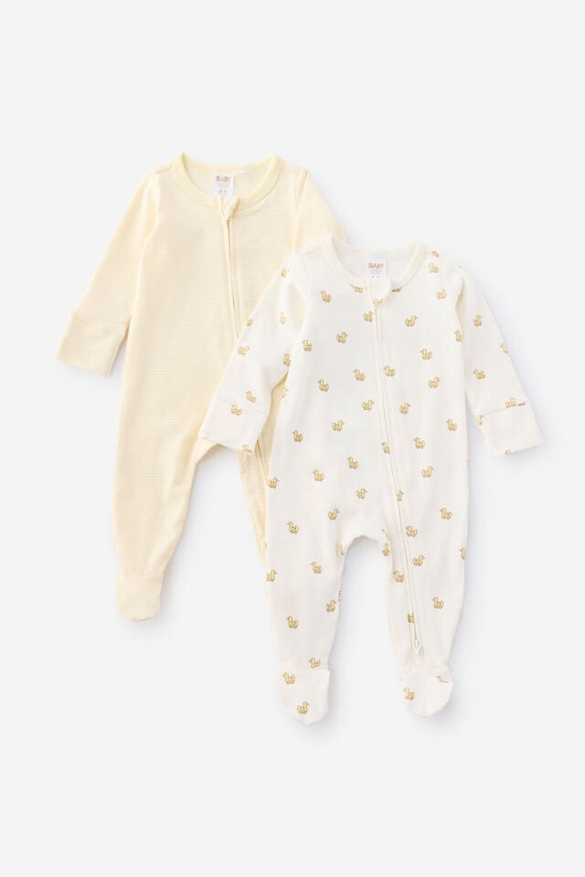 Organic 2Pk Long Sleeve Zip Romper, LEMON SQUASH/TOY DUCKS