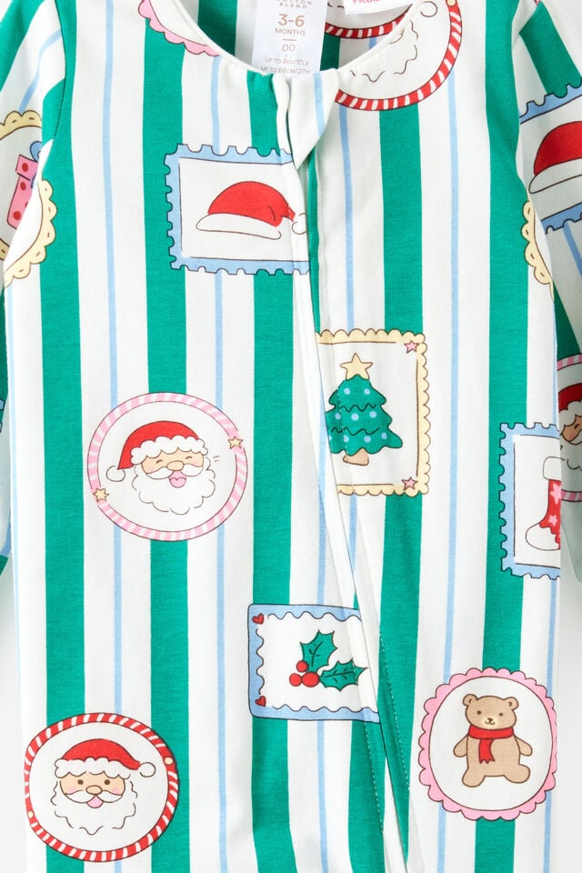 Growie Long Sleeve Zip Romper, ENGLISH IVY/SANTA STAMP