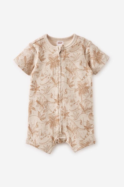 The Short Sleeve Zip Romper, TAUPY BROWN/DINO NIGHT