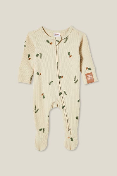 Organic Pointelle Zip All In One Romper, RAINY DAY/FLOATING ACORNS