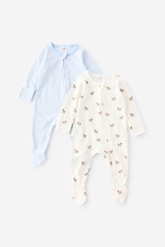 Organic 2Pk Long Sleeve Zip Romper, BLUEBELL/ROCKING HORSE