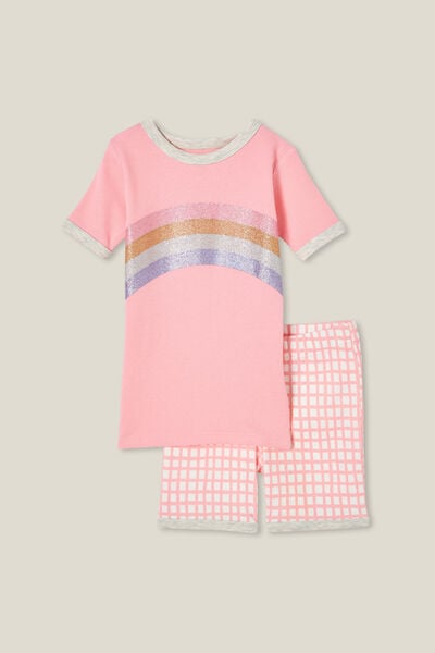 Talia Short Sleeve Pyjama Set, CORAL DREAMS/GLITTER RAINBOW