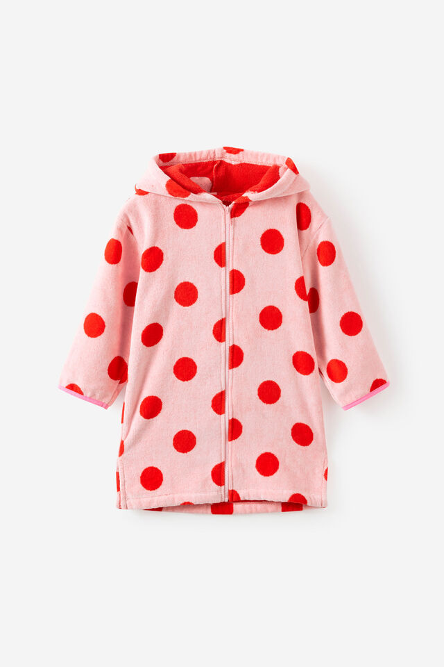 Kids Zip Thru Hooded Towel, BALLET PINK/POP RED SPOT