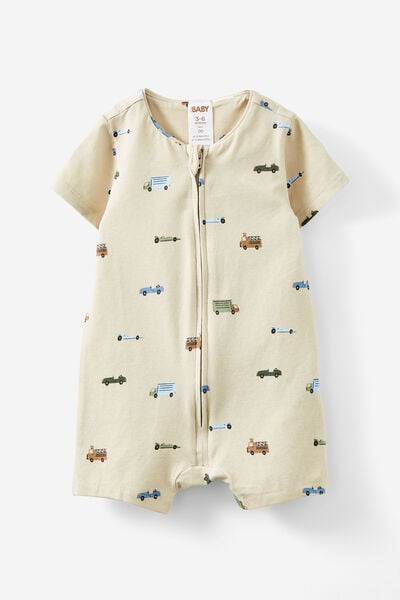 The Short Sleeve Zip Romper, RAINY DAY/GRIDLOCK CARS