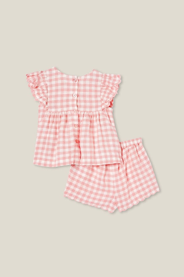 Bessy Flutter Sleeve Top And Short Set, CORAL DREAMS/VANILLA BENNY GINGHAM
