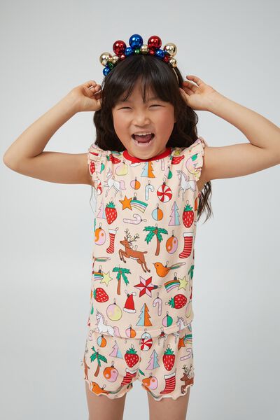 Pijama - Holly Short Sleeve Pyjama Set, PEACH TANG/XMAS ORNAMENTS