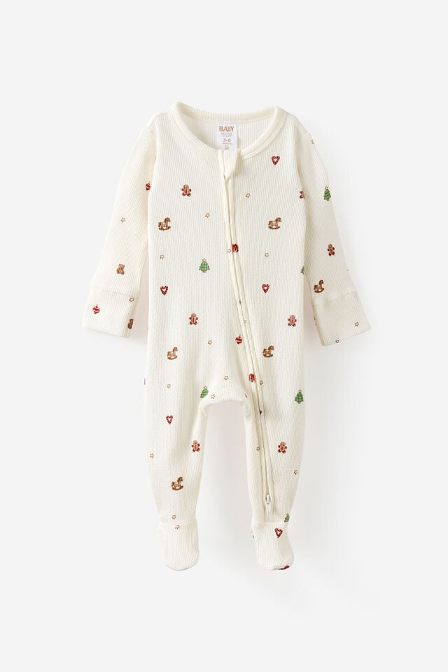 Littlie Organic Long Sleeve Zip All In One Romper, MILK/CHRISTMAS ICONS