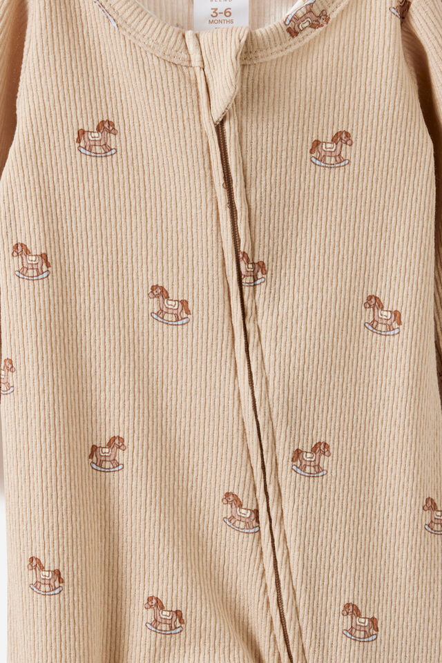 Littlie Organic Long Sleeve Zip Romper, LATTE CREAM/ROCKING HORSE