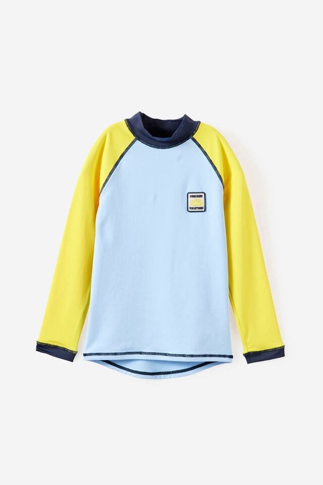 Flynn Long Sleeve Raglan Rash Vest, BUTTERCUP/SQUID INK/CLOUD BLUE