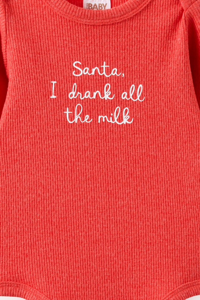 Organic Pointelle Long Sleeve Bubbysuit, VARSITY RED MARLE/SANTA I DRANK ALL THE MILK
