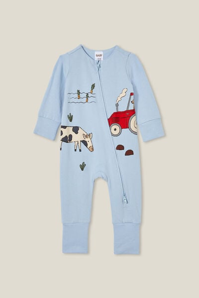 The Long Sleeve Zip Romper, FROSTY BLUE/DOG TRACTOR DRIVER