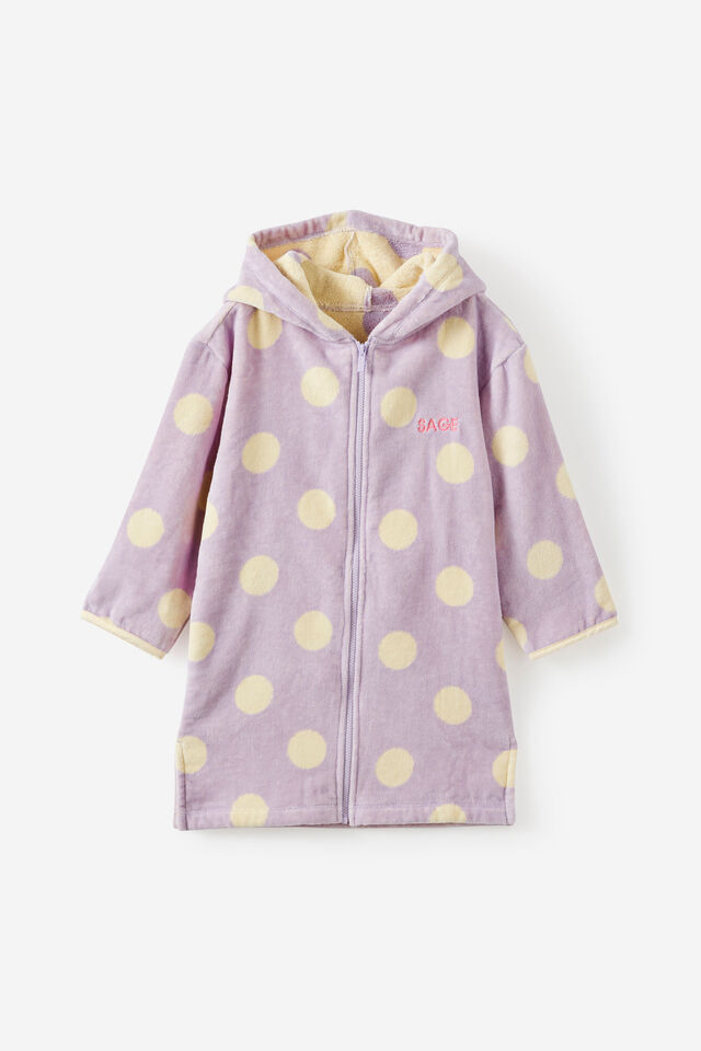 Kids Zip Thru Hooded Towel - Personalised, VINTAGE LILAC/BUTTER YELLOW SPOT
