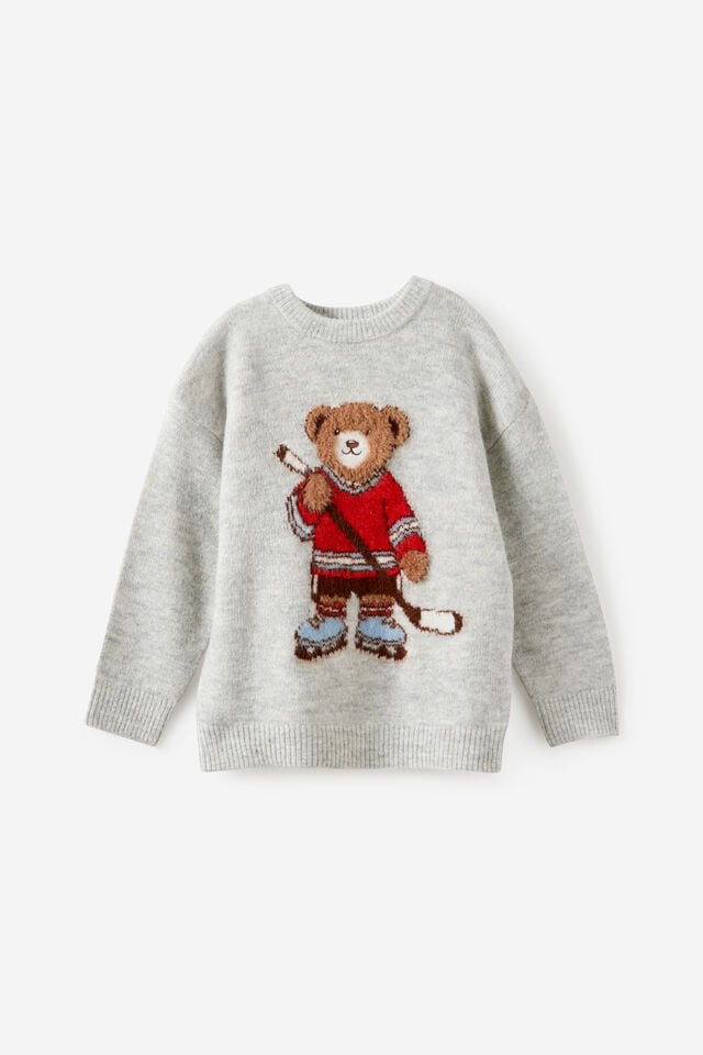 Boys Cosy Crew Neck Sweater, GREY MARLE/HOCKEY BEAR