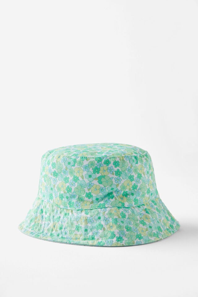 Kids Reversible Bucket Hat, FRESH GREEN DITSY FLORAL/BARBER BLUE