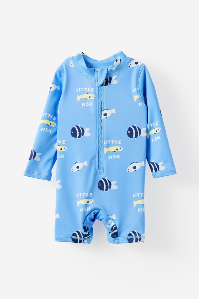 Baby Long Sleeve All In One Swimsuit, BLUE BONET/LITTLE FISH