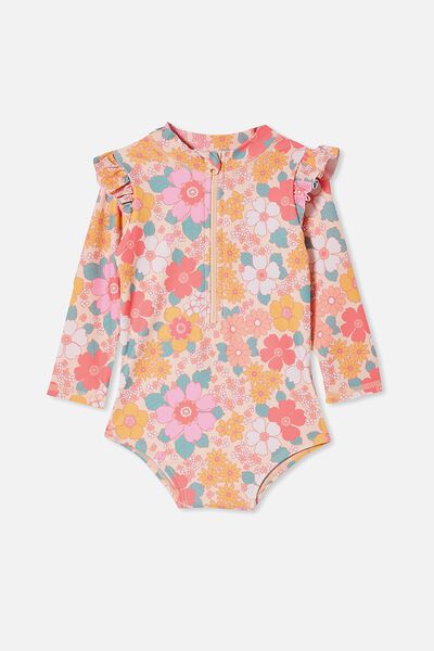 Nicky Long Sleeve Ruffle Swimsuit, PEACH TANG/CALI PINK BRONTE FLORAL