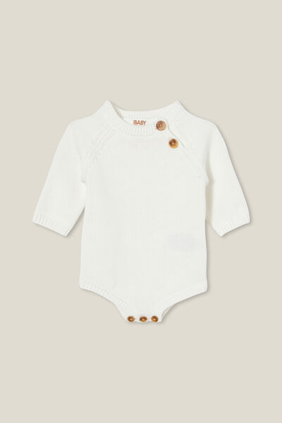 Macacão - Organic Newborn Knit Long Sleeve Bubbysuit, MILK