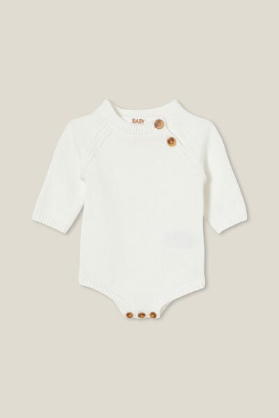 Organic Newborn Knit Long Sleeve Bubbysuit, MILK