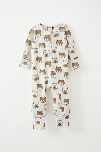 The Billie Long Sleeve Zip Romper, OATMEAL MARLE/BEARY CUTE