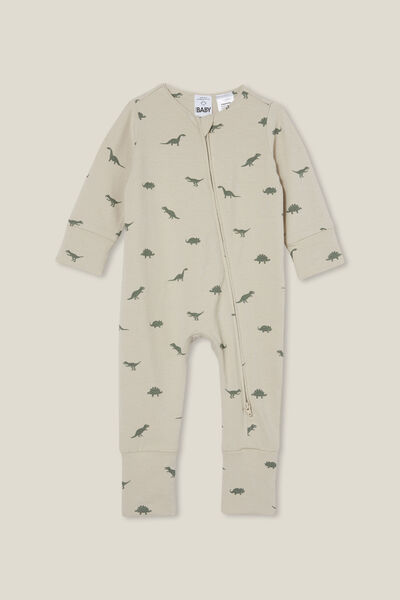 Macacão - The Long Sleeve Zip Footless Romper, RAINY DAY/DINO STAMP