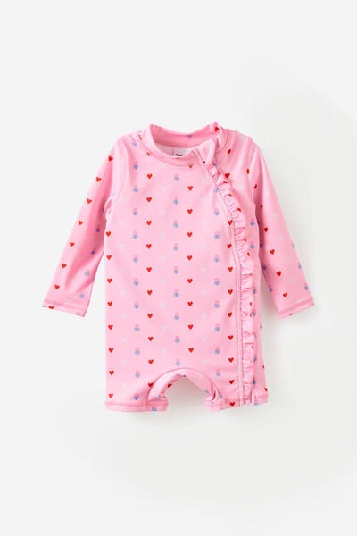 Baby Long Sleeve Ruffle All In One Swimsuit, STRAWBERRY MILK/LOVELY DITSY