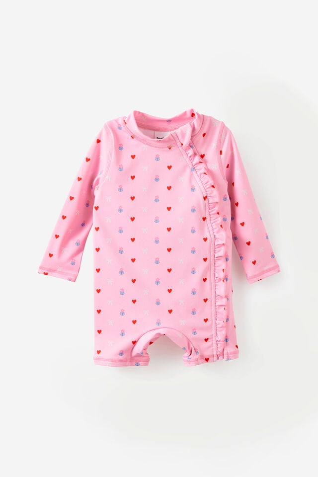 Baby Long Sleeve Ruffle All In One Swimsuit, STRAWBERRY MILK/LOVELY DITSY