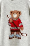 Boys Cosy Crew Neck Sweater, GREY MARLE/HOCKEY BEAR - example image 2