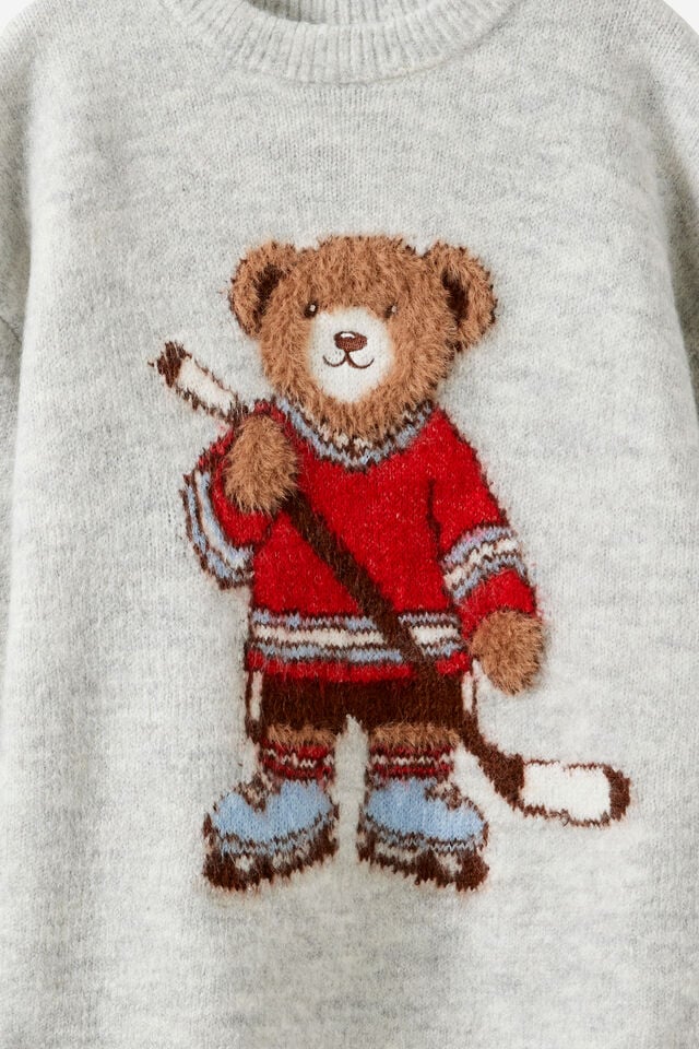 Boys Cosy Crew Neck Sweater, GREY MARLE/HOCKEY BEAR
