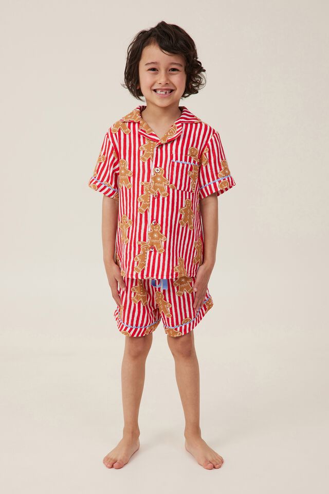 Riley Kids Unisex Short Sleeve Pyjama Set, ANTHURIUM RED/GINGERBREAD CANDY STRIPE