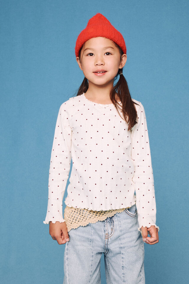 Fitted Essential Long Sleeve Ruched Top, VANILLA/BORDEAUX SPOT
