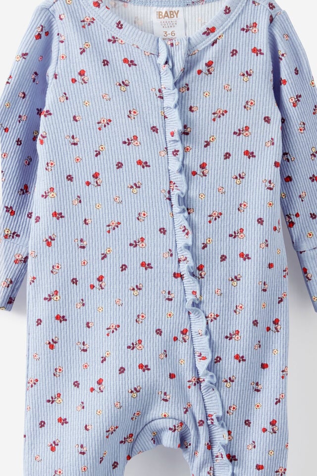Littlie Organic Long Sleeve Zip All In One Romper, BLUEBELL/LITTLE BLOSSOM