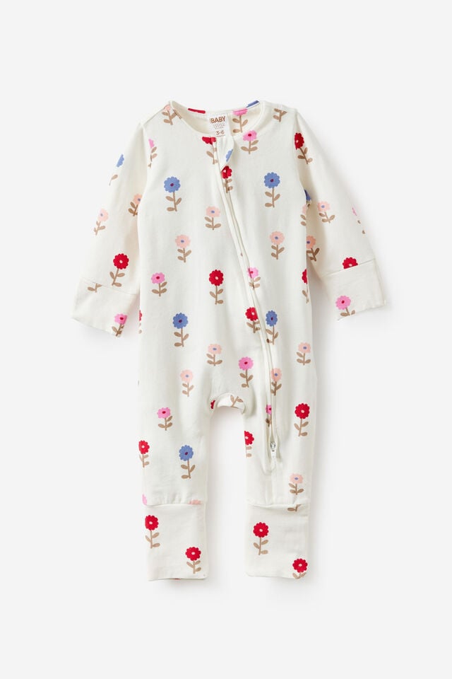Growie Long Sleeve Zip Romper, VANILLA/SWEET BLOOMS