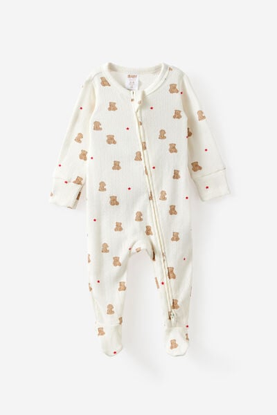 Littlie Organic Long Sleeve Zip All In One Romper, MILK/BEAR STAR
