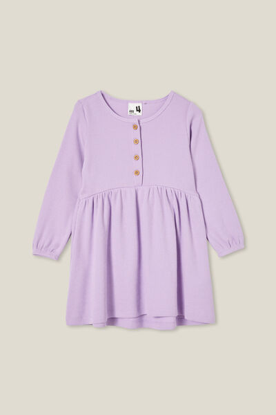 Sally Button Front Long Sleeve Dress, LILAC DROP WAFFLE