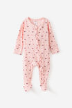 Littlie Organic Long Sleeve Zip All In One Romper, POP PINK/BOWS & HEARTS - example image 1