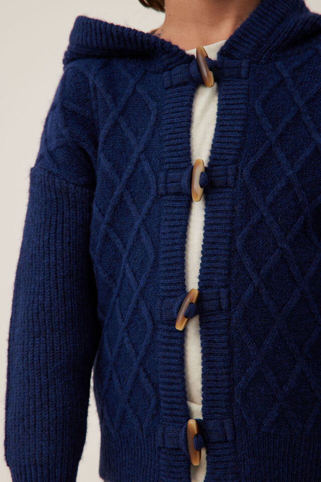 Cable Hooded Cardigan, NAVY BLAZER